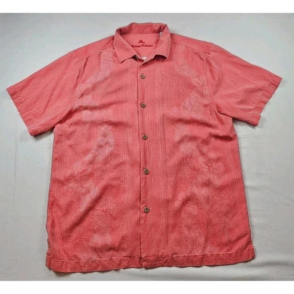 Tommy Bahama Button Up Large Shirt Short Sleeves Red Coral Salmon Floral TB93